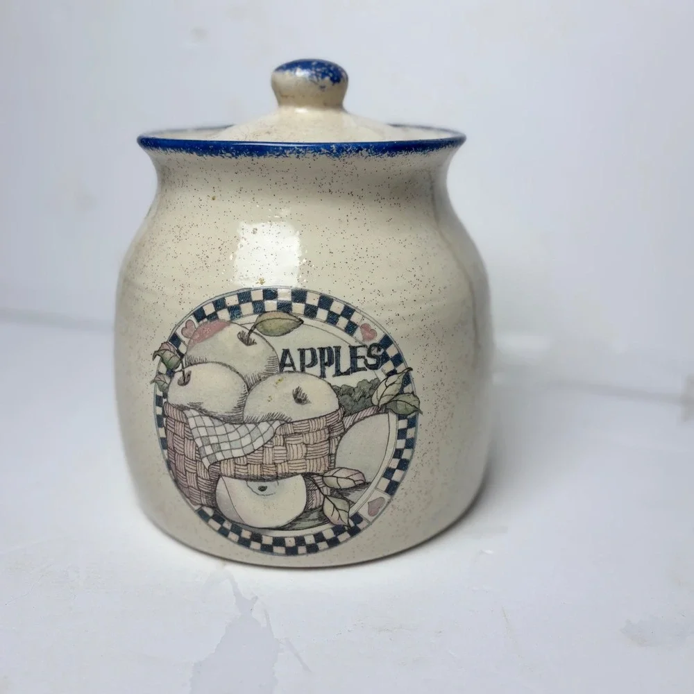 Vintage Style Speckled Stoneware Apple Cookie Jar Canister Farmhouse Blue Cream